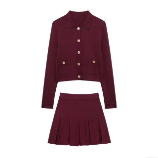 Women's Knit Two Piece Set Long Sleeve Cardigan And Pleated Mini Skirt Elegant Burgundy Mercerized Cotton Casual Wear For Autumn Winter