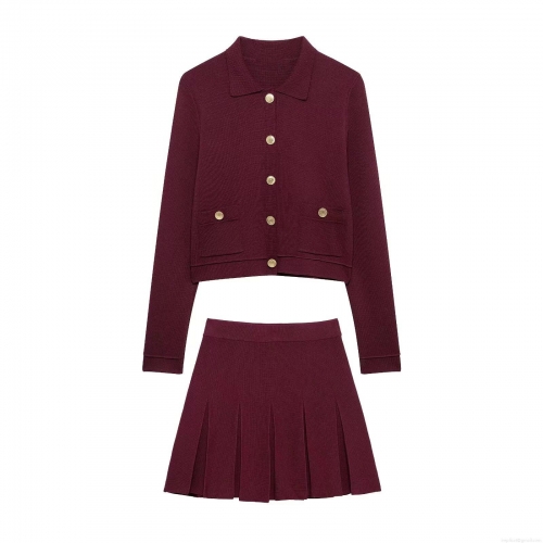 Women's Knit Two Piece Set Long Sleeve Cardigan And Pleated Mini Skirt Elegant Burgundy Mercerized Cotton Casual Wear For Autumn Winter