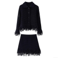 Women's Elegant Black Knit Skirt Set Hollow Out Long Sleeve Cardigan With Fringe Mini Skirt Two Piece Outfits For Daily Commute Spring Fashion