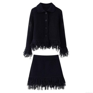 Women's Elegant Black Knit Skirt Set Hollow Out Long Sleeve Cardigan With Fringe Mini Skirt Two Piece Outfits For Daily Commute Spring Fashion