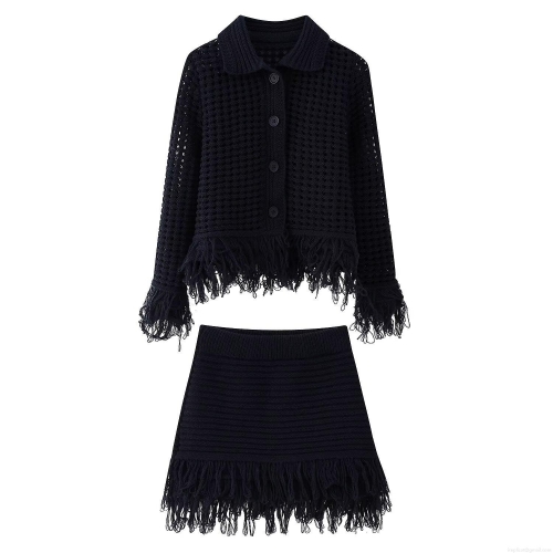 Women's Elegant Black Knit Skirt Set Hollow Out Long Sleeve Cardigan With Fringe Mini Skirt Two Piece Outfits For Daily Commute Spring Fashion