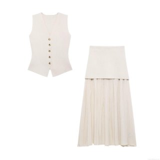 Women Elegant Knitted V-Neck Vest And Pleated Midi Skirt Set Polyester Spandex Solid Color Sleeveless Button Decor Two Piece Suit For Commuting Daily Party