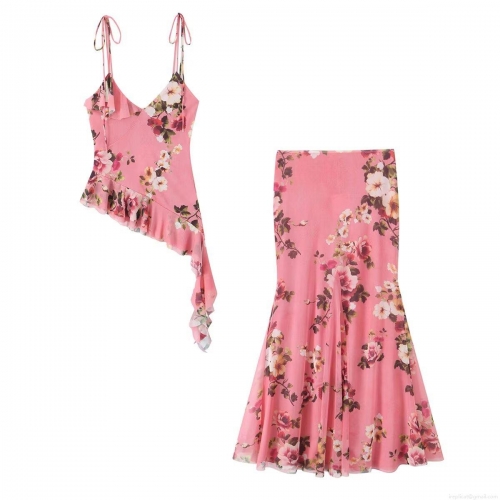 Women's Pink Floral Mesh Two-Piece Set Sexy Asymmetrical Ruffle Camisole Top And Fishtail Long Skirt For Summer Vacation Outfit