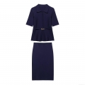 Women Elegant Knit 2-Piece Skirt Set Short Sleeve Polo Neck Button Down Top With Belted Waist And Midi Pencil Skirt Navy Blue Commuter Office Wear Spring Summer Chic Suit