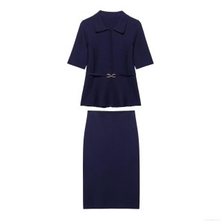 Women Elegant Knit 2-Piece Skirt Set Short Sleeve Polo Neck Button Down Top With Belted Waist And Midi Pencil Skirt Navy Blue Commuter Office Wear Spring Summer Chic Suit