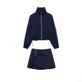 Women Sporty Casual Two Piece Set Polyester Spandex Short Windbreaker Jacket Pleated Skort Skirt Navy Blue Contrast Stripe Outdoor Athletic Outfit