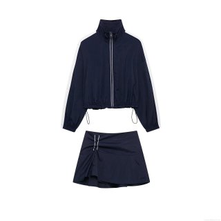 Women Sporty Casual Two Piece Set Polyester Spandex Short Windbreaker Jacket Pleated Skort Skirt Navy Blue Contrast Stripe Outdoor Athletic Outfit