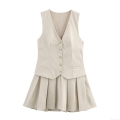 Women's 2 Piece Skirt Set Elegant V Neck Single Breasted Waistcoat And High Waist Pleated Mini Skirt Solid Color Summer Sleeveless Office Lady Outfit