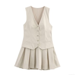 Women's 2 Piece Skirt Set Elegant V Neck Single Breasted Waistcoat And High Waist Pleated Mini Skirt Solid Color Summer Sleeveless Office Lady Outfit