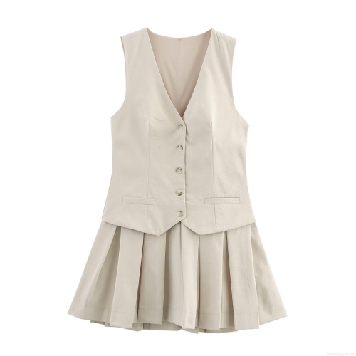 Women's 2 Piece Skirt Set Elegant V Neck Single Breasted Waistcoat And High Waist Pleated Mini Skirt Solid Color Summer Sleeveless Office Lady Outfit