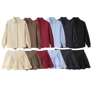 Women's Fashion Casual Two-Piece Set Long Sleeve Lapel Shirt And Ruffle Mini Skirt Polyester Spandex Solid Color Suit For Daily Office Dating Lady