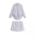 Women's Casual Blue Striped Two Piece Set Long Sleeve Lapel Shirt With Chest Pocket And High Waist Button Front Culottes A-Line Mini Skirt Shorts Set For Daily Wear