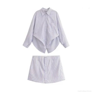 Women's Casual Blue Striped Two Piece Set Long Sleeve Lapel Shirt With Chest Pocket And High Waist Button Front Culottes A-Line Mini Skirt Shorts Set For Daily Wear
