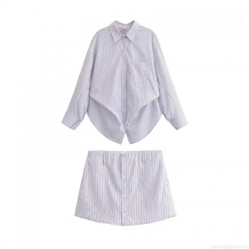 Women's Casual Blue Striped Two Piece Set Long Sleeve Lapel Shirt With Chest Pocket And High Waist Button Front Culottes A-Line Mini Skirt Shorts Set For Daily Wear