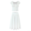 Women's White Eyelet Embroidery Two Piece Skirt Set Sweet Hollow Out Lace Puff Sleeve Crop Top and Midi Skirt for Summer Beach Vacation Dating Casual