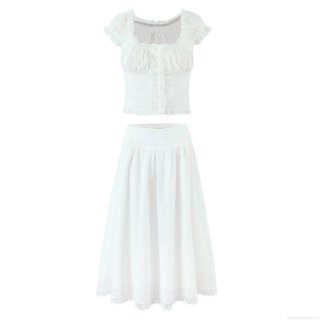 Women's White Eyelet Embroidery Two Piece Skirt Set Sweet Hollow Out Lace Puff Sleeve Crop Top and Midi Skirt for Summer Beach Vacation Dating Casual