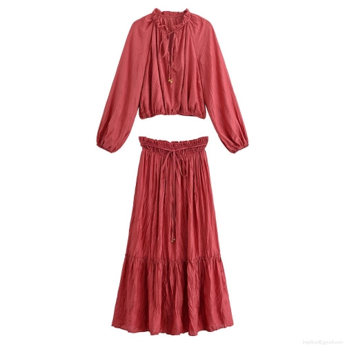 Women 2 Piece Skirt Set Crinkle Pleated Crop Top And Tiered Midi Skirt Solid Color Long Sleeve Ruffle Neck Drawstring Outfits For Summer Vacation Party Casual Wear