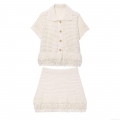 Women Summer Crochet Knit Two Piece Skirt Set With Fringe Tassel Short Sleeve Button Down Cardigan And High Waist Mini Skirt Elegant Plaid Beach Outfits