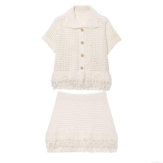 Women Summer Crochet Knit Two Piece Skirt Set With Fringe Tassel Short Sleeve Button Down Cardigan And High Waist Mini Skirt Elegant Plaid Beach Outfits