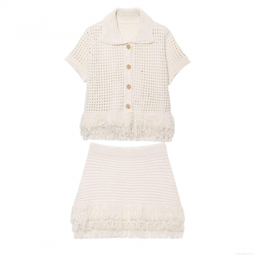 Women Summer Crochet Knit Two Piece Skirt Set With Fringe Tassel Short Sleeve Button Down Cardigan And High Waist Mini Skirt Elegant Plaid Beach Outfits