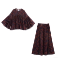 Women's Vintage Paisley Print Polyester Spandex Skirt Set Flare Sleeve Round Neck Top And High Waist Midi Skirt Two Piece Outfits For Vacation Casual Wear