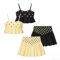 Women's 2 Piece Skirt Set Sexy Hot Girl Style Ruffle Hem Crop Top And Mini Skirt Set With Gold Metal Grommet Mirror Decorations For Summer Party Clubwear
