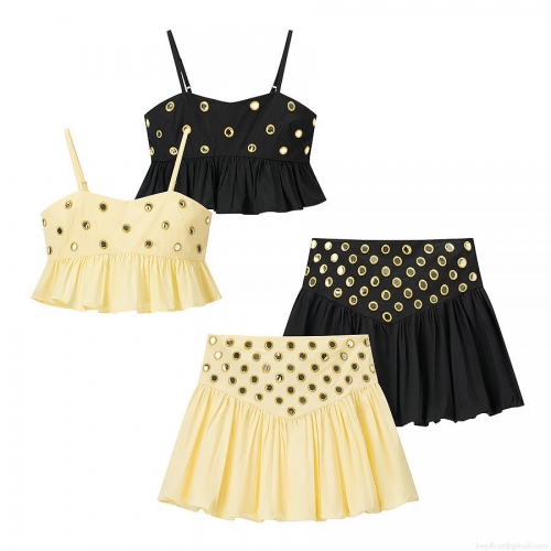 Women's 2 Piece Skirt Set Sexy Hot Girl Style Ruffle Hem Crop Top And Mini Skirt Set With Gold Metal Grommet Mirror Decorations For Summer Party Clubwear