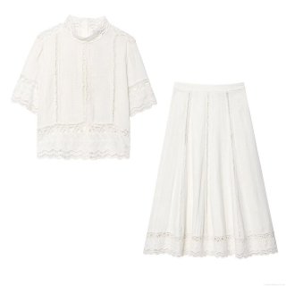 Women's Summer Elegant White Crochet Lace Hollow Out Short Sleeve Top And Midi Skirt Set Breathable Cotton Blend Two-Piece Outfits For Vacation Dating