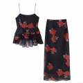 Women's Sexy Red Rose Floral Print 2-Piece Set Ruffle Cami Top and High Waist Long Skirt Polyester Spandex Chiffon Summer Beach Outfit