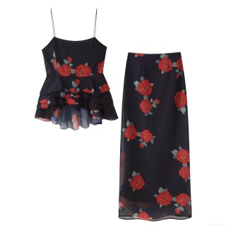 Women's Sexy Red Rose Floral Print 2-Piece Set Ruffle Cami Top and High Waist Long Skirt Polyester Spandex Chiffon Summer Beach Outfit