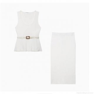 Women's Knit Skirt Set Elegant Sleeveless U-Neck Belted Polyester Spandex Blend Vest Top and Front Slit Midi Pencil Skirt Solid Color Two-Piece Co-ord Set for Work Casual Daily