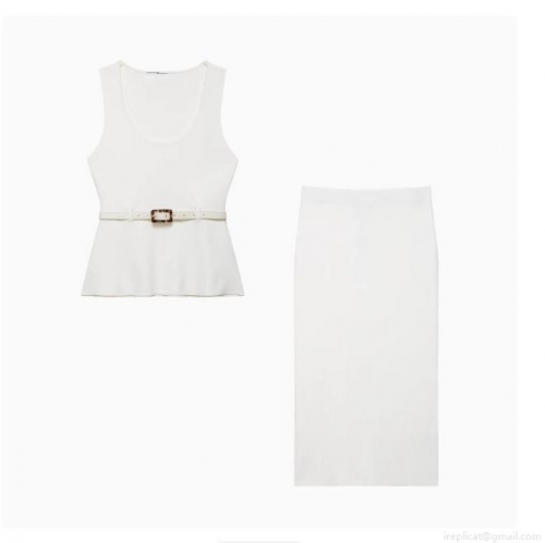 Women's Knit Skirt Set Elegant Sleeveless U-Neck Belted Polyester Spandex Blend Vest Top and Front Slit Midi Pencil Skirt Solid Color Two-Piece Co-ord Set for Work Casual Daily