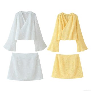 Women 2 Piece Skirt Set Elegant V-Neck Long Sleeve Top And Mini Skirt Feather Tassel Jacquard Texture Outfits Sweet Summer Fashion Suits