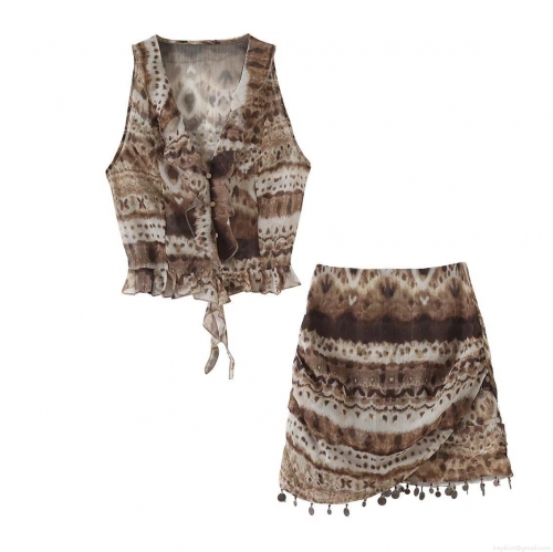 Women Bohemian Printed Two Piece Set Polyester Metallic Thread V Neck Ruffle Tie Up Top Mini Skirt With Coins Sexy Vacation Beach Summer Outfit
