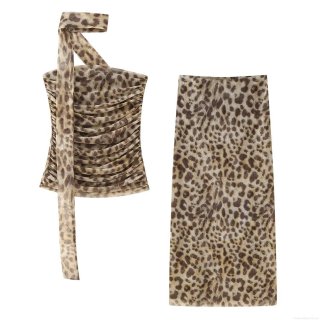 Sexy Leopard Print 2 Piece Mesh Set For Women Summer Ruched Strapless Crop Top With Halter Scarf And High Waist Mid Skirt Set Y2K Clubwear