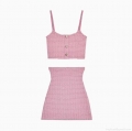 Women Sexy Pink Knitted Two Piece Set Waffle Knit Gold Button Cami Crop Top And High Waist Bodycon Midi Skirt Outfits For Summer Vacation Party Clubwear