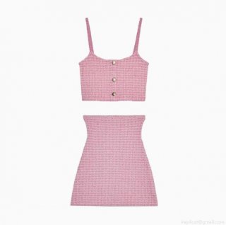 Women Sexy Pink Knitted Two Piece Set Waffle Knit Gold Button Cami Crop Top And High Waist Bodycon Midi Skirt Outfits For Summer Vacation Party Clubwear