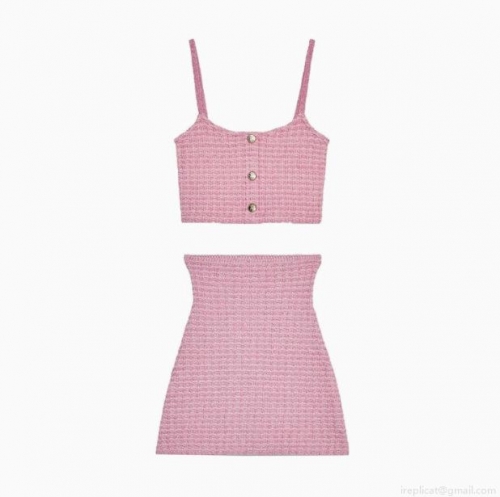 Women Sexy Pink Knitted Two Piece Set Waffle Knit Gold Button Cami Crop Top And High Waist Bodycon Midi Skirt Outfits For Summer Vacation Party Clubwear