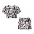 Women's Zebra Print Skirt Set Two Piece Outfit Puff Sleeve Round Neck Top with Gold Buttons High Waist A-Line Mini Skirt Summer Casual Fashion