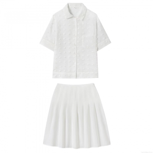 Women's 2-Piece Skirt Set Swiss Dot Short Sleeve Button Down Shirt And High Waist Pleated Mini Skirt Elegant Summer Casual Outfit For Women