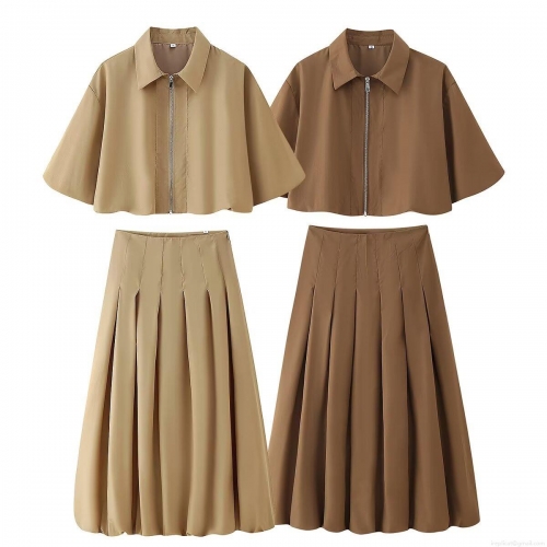 Women's Two-Piece Skirt Set Summer Short Sleeve Zipper Top and Pleated Midi Skirt Polyester Spandex Casual Office Minimalist Lady Summer Outfit