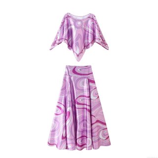 Women's Summer 2-Piece Set Elegant Abstract Print Satin Poncho Top and High Waist Midi A-Line Skirt Luxury Vacation Casual Outfit