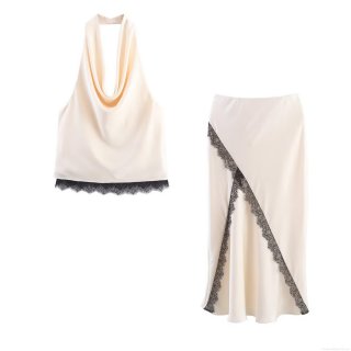 Women's Sexy Champagne Satin Halter Neck Top And Lace Trim Side Slit Midi Skirt Two Piece Set Elegant Party Club Night Out Summer Sleeveless Outfit