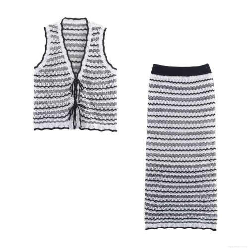 Summer Women's Crochet Knit Two Piece Set Striped Tie Front Vest And Midi Skirt Sleeveless Polyester Beach Vacation Outfit Streetwear