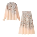 Elegant Floral Print Chiffon Two Piece Skirt Set For Women Stand Collar Long Sleeve Shirt With Pearl Buttons And High Waist Midi A-Line Skirt Elegant Commute Outfit