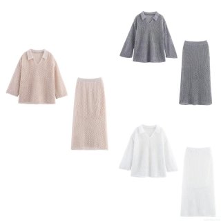 Women's 2-Piece Knit Skirt Set 100% Polyester Hollow Out Mesh V-Neck Long Sleeve Top and Midi Skirt Casual Summer Beach Vacation Outfit