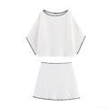 Women's Casual Knit Two-Piece Set Contrast Stitching Short Sleeve Boat Neck Top And A-Line Mini Skirt Summer Fashion Outfit Elegant Minimalist Style
