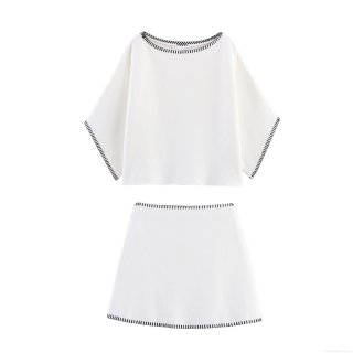 Women's Casual Knit Two-Piece Set Contrast Stitching Short Sleeve Boat Neck Top And A-Line Mini Skirt Summer Fashion Outfit Elegant Minimalist Style