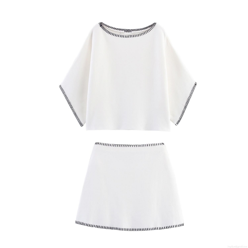 Women's Casual Knit Two-Piece Set Contrast Stitching Short Sleeve Boat Neck Top And A-Line Mini Skirt Summer Fashion Outfit Elegant Minimalist Style