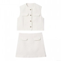 Women's Elegant Pearl White Tweed Vest Waistcoat And Mini A-Line Skirt Two Piece Set Fashion Casual Outfits For Office Daily Spring Autumn